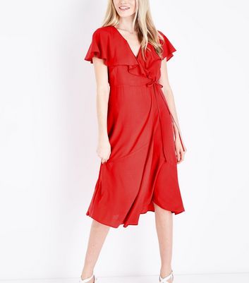 Red Ruffle Trim Midi Wrap Dress | New Look